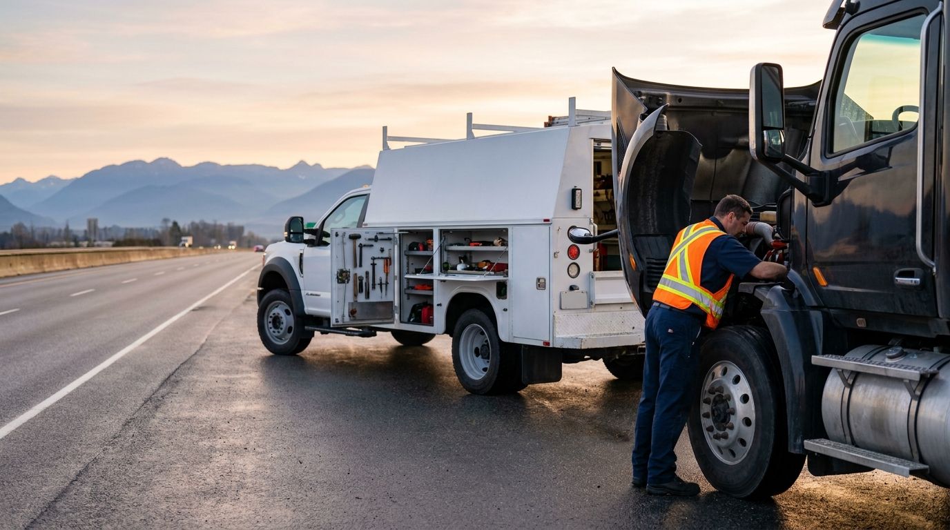 Mobile heavy duty mechanic service truck attending a semi truck on a Fraser Valley highway shoulder at dawn